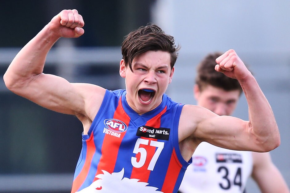 TAC Cup Semi Final - North Ballarat v Oakleigh Chargers MELBOURNE, AUSTRALIA - SEPTEMBER 19: Dion Johnstone of the Chargers celebrates a goal during the 2015 TAC Cup Semi Final match between the North Ballarat Rebels and the Oakleigh Chargers at Ikon Park, Melbourne, Australia on September 19, 2015. (Photo by Michael Dodge/AFL Media)